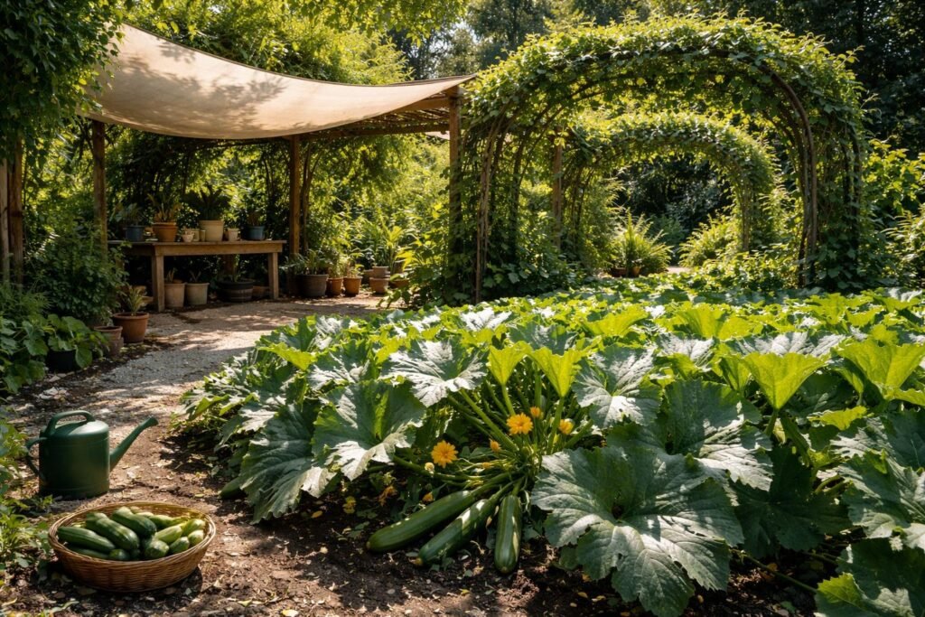 Zucchini richtig pflegen bei extremer Sommerhitze Schattenplätze schützen Zucchini vor Hitze während heißer Mittagssonne und bewahren Ertrag in extremer Sommerhitze