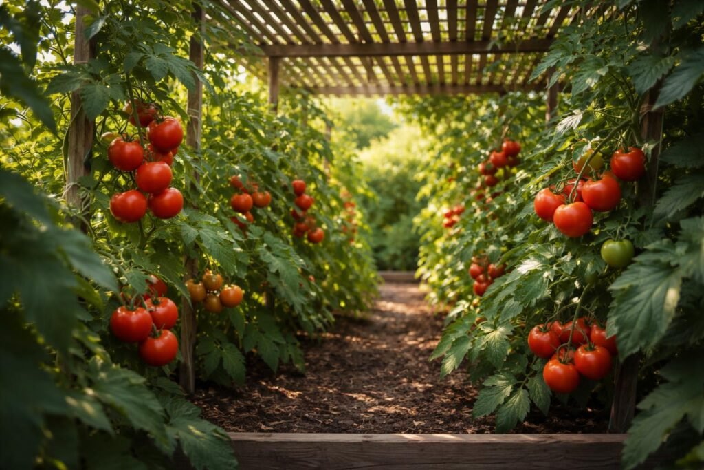 Schatten spendende Beschattung für Tomatenpflanzen; pralle Früchte bei Hitze schützen