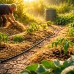 Gartenszene unter strahlender Sonne: trockene Erde, braune Blätter, Gießkanne bereit