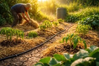 Gartenszene unter strahlender Sonne: trockene Erde, braune Blätter, Gießkanne bereit