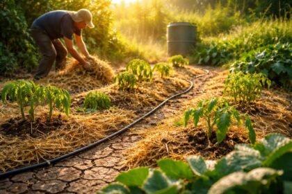 Gartenszene unter strahlender Sonne: trockene Erde, braune Blätter, Gießkanne bereit