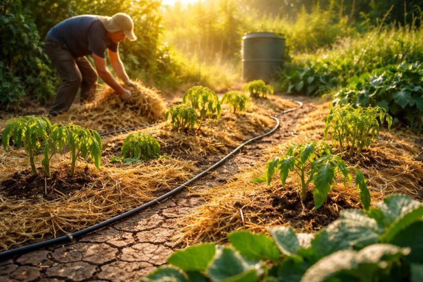 Seit Wochen kein Regen? So hältst du deinen Gemüsegarten am Leben Gartenszene unter strahlender Sonne: trockene Erde, braune Blätter, Gießkanne bereit
