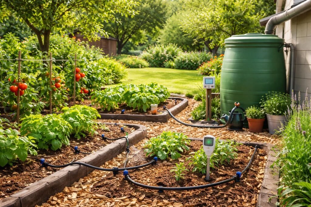 Gartenbewässerung mit Tropfbewässerung, Mulch, Schatten und wassersparenden Techniken im Sommer.