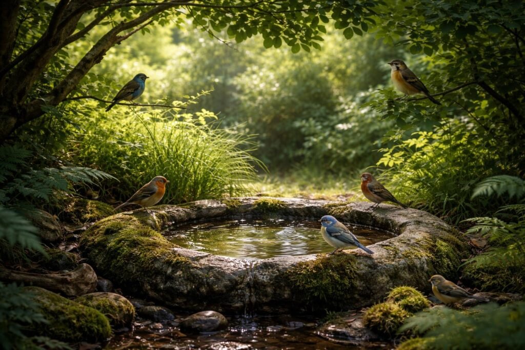 - Vögel suchen Schatten unter Bäumen und ruhen aus glühender Sommersonne.