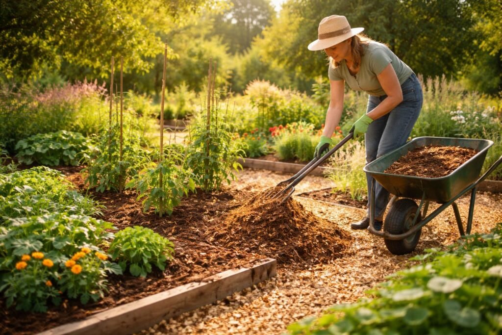 Mulchen im Sommer: Der einfachste Schutz vor Austrocknung - Mulchschicht aus grobem Holzschnitzel bedeckt Boden gegen Austrocknung im Sommer.