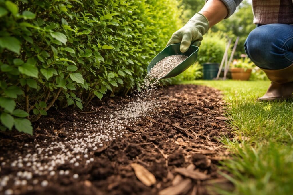 Nahaufnahme einer Hecke, Dünger wird gleichmäßig ausgebracht, gesunde Blätter und dichter Wuchs bleiben erhalten.