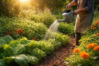 Effektiver Bewässerungsplan für den Sommer zeigt systematisches Gießen und Wassereffizienz im Garten heute
