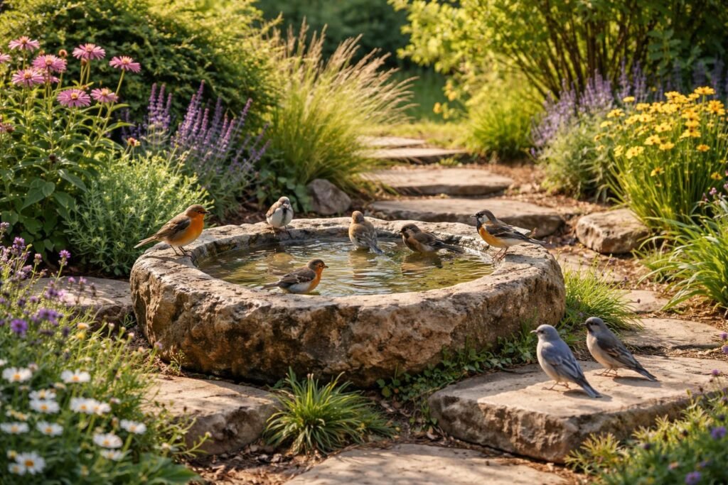 Vogeltränken im sonnigen Garten, daneben bunte Vögel trinken neugierig und genießen klares Wasser.