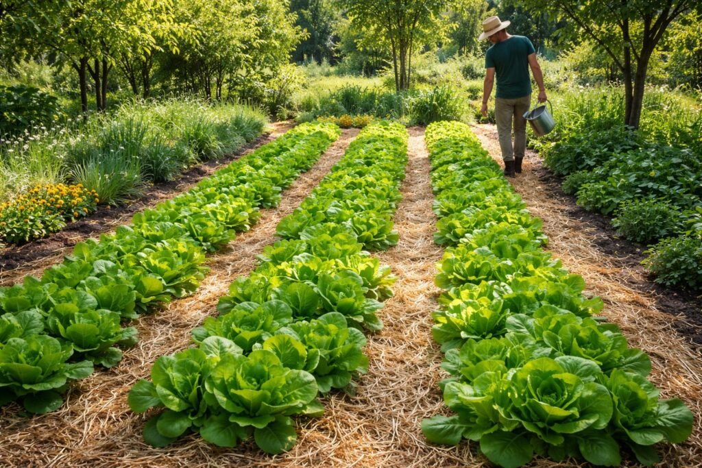 - Mulch bedeckt Salatbeete und senkt Verdunstung, schützt Pflanzen vor Hitze.