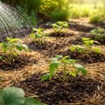 Junge Pflanze im Garten, Gießkanne, dichter Boden, schützende Beschattung, trockene Sonne.