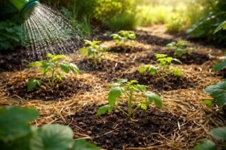Junge Pflanze im Garten, Gießkanne, dichter Boden, schützende Beschattung, trockene Sonne.