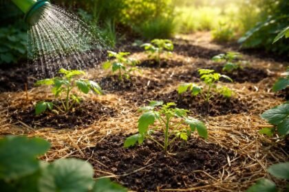 Junge Pflanze im Garten, Gießkanne, dichter Boden, schützende Beschattung, trockene Sonne.