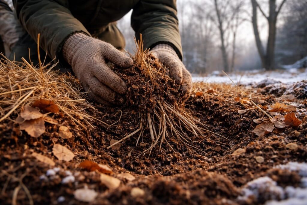 - Gärtner schützt empfindliche Wurzeln mit Mulch und Abdeckung im Winter.