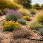 Hitzeresistentes Gartenbild mit robusten Pflanzen, Mulch, Tropennächte, effiziente Bewässerung, Schattenzonen