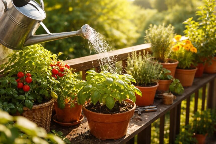So rettest du Balkonpflanzen während der Sommerhitze Sonnenhitze meiden, gründlich gießen, Mulchen, Schatten geben, Balkonpflanzen durch den Sommer retten