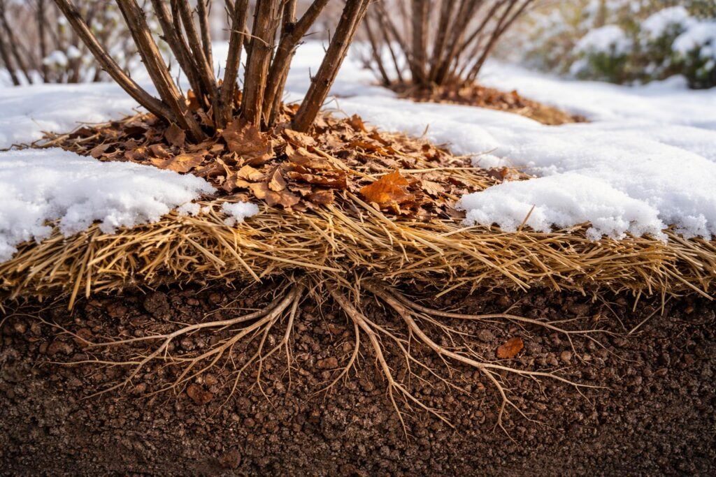 - Wurzelbereich schützen: Mulchen, Bodenfeuchte sichern und frostempfindliche Pflanzen vor Frost schützen.