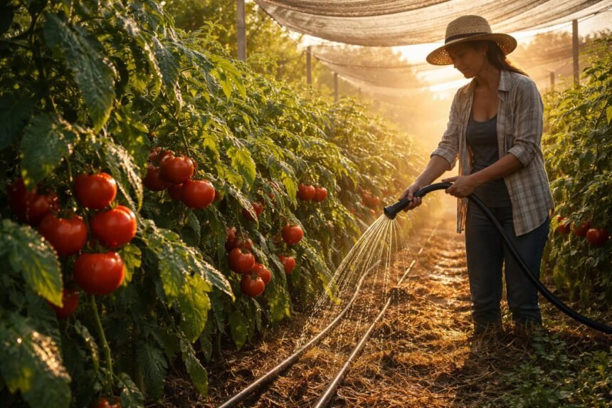 Hitzestress vermeiden: Tomatenpflanzen mit gleichmäßiger Bewässerung, Mulch und Schatten schützen.
