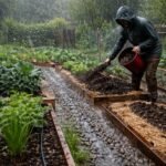 Starkregen überschwemmt Beete: Gartenpflanzen stehen unter Wasser, Boden wird weggespült und Wurzeln drohen zu ersticken.