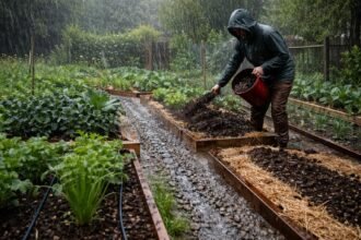 Starkregen überschwemmt Beete: Gartenpflanzen stehen unter Wasser, Boden wird weggespült und Wurzeln drohen zu ersticken.