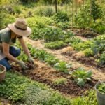 Gartenbeet mit Unkraut, Werkzeug, mulchbedeckten Flächen und entspannten ökologischen Frühjahrsarbeiten