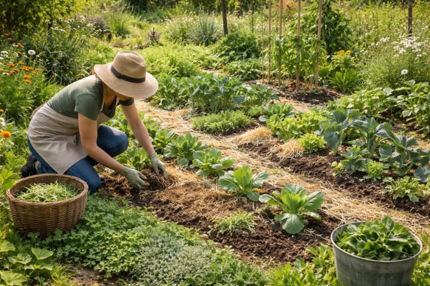 Gartenbeet mit Unkraut, Werkzeug, mulchbedeckten Flächen und entspannten ökologischen Frühjahrsarbeiten