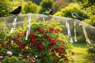 Obstkorb im Garten, neugierige Vögel beobachten Schutznetze und wirksame Abwehrmaßnahmen gegen Fruchtverlust