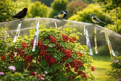 Obstkorb im Garten, neugierige Vögel beobachten Schutznetze und wirksame Abwehrmaßnahmen gegen Fruchtverlust