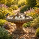 Vogeltränke im Garten bietet Wasser, Vögel trinken friedlich neben Blumen.
