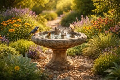Vogeltränke im Garten bietet Wasser, Vögel trinken friedlich neben Blumen.