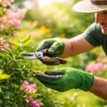 -Sommerschnitt im Garten, sonniges Licht; kräftige Triebe und gesunde Blätter