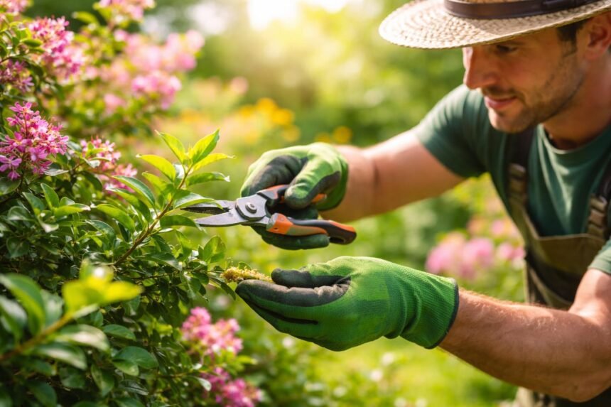 -Sommerschnitt im Garten, sonniges Licht; kräftige Triebe und gesunde Blätter