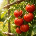 Schnittbild einer Tomatenpflanze mit rissigen Früchten im Sommer, sichtbarer Wasserstress.
