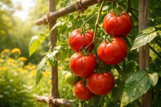 Schnittbild einer Tomatenpflanze mit rissigen Früchten im Sommer, sichtbarer Wasserstress.