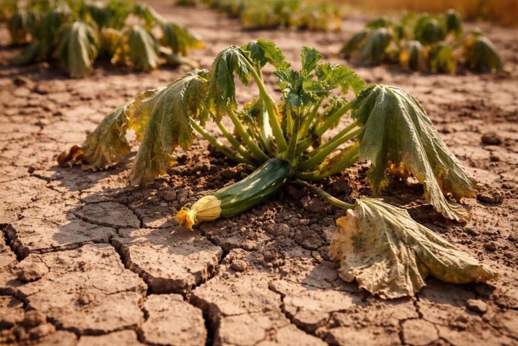 • Wassermangel hemmt Zucchini-Wachstum, Fruchtbildung stoppt plötzlich, regelmäßig Gießen empfohlen, Bodenfeuchtigkeit beachten