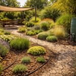 Gärtner demonstriert wassersparende Bewässerung mit Regenfass, Mulch und Tropfbewässerung im Garten