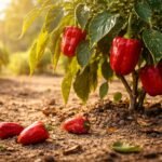 Bild einer Paprika-Pflanze mit fallenden Früchten, sommerliche Hitze im Hintergrund