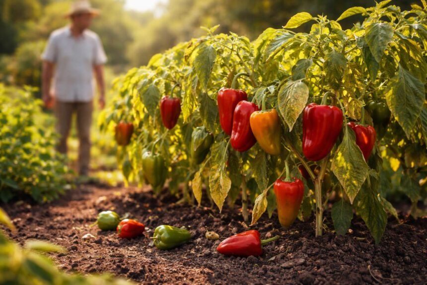 Warum wirft Paprika im Sommer ihre Früchte ab? Gartenbild zeigt Paprikapflanzen, die im Sommer Früchte verlieren und den Gärtner frustrieren.