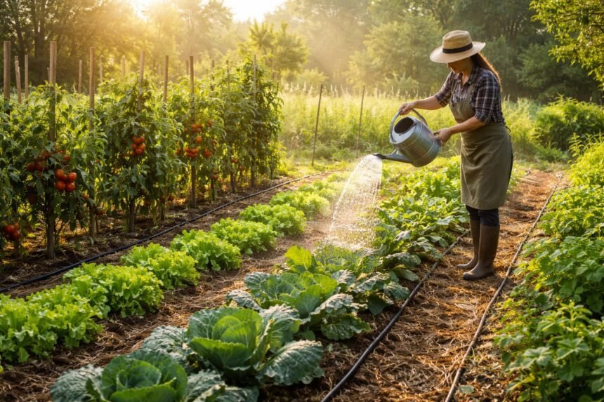 Gartenpfleger gießt Gemüsepflanzen während einer trockenen Hitzewelle im Gemüsegarten am Nachmittag.