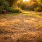 Grüner Rasen brennt durch Sonne, Trockenheit erzeugt braune Stellen im Garten