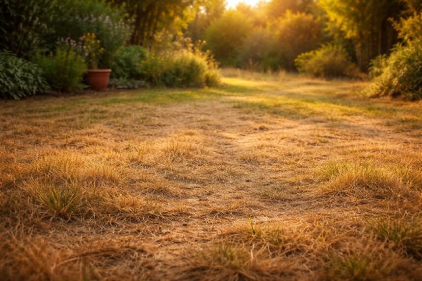 Grüner Rasen brennt durch Sonne, Trockenheit erzeugt braune Stellen im Garten