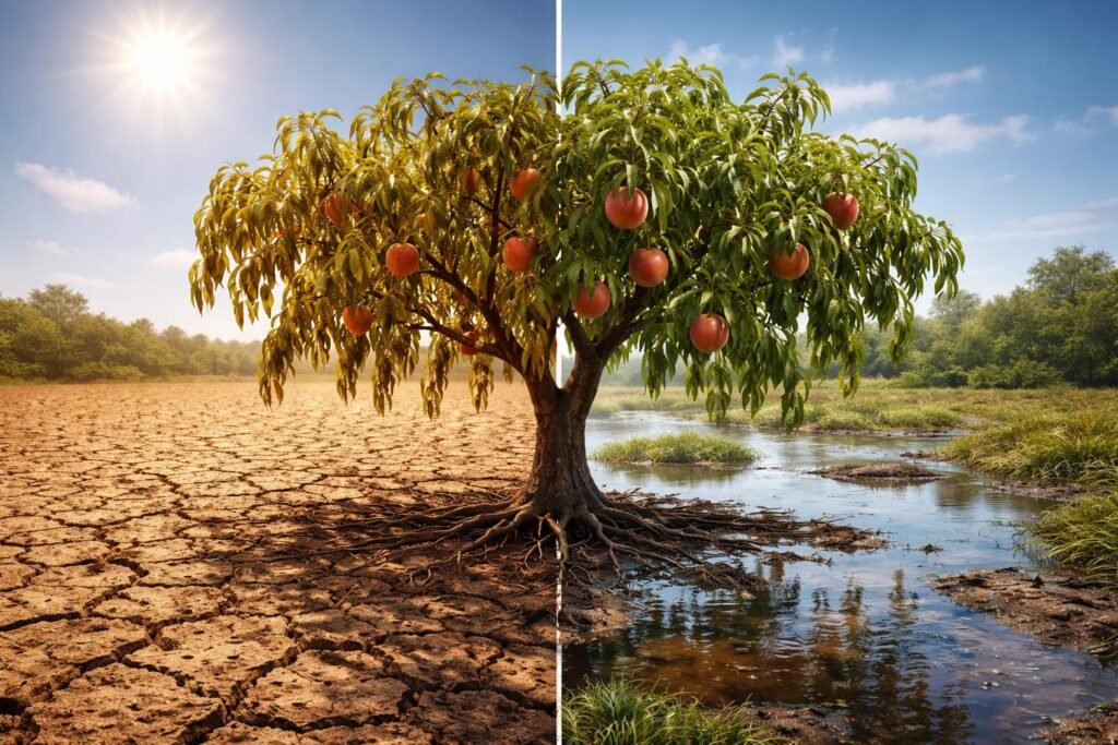 Pfirsichbaum kämpft mit Blätterverlust durch Wasserstress, Trockenheit und unregelmäßige Bewässerung