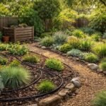 Grüner Garten im Sommer mit Trockenheitsresistenz, Mulch, Steinweg und Sukkulenten.