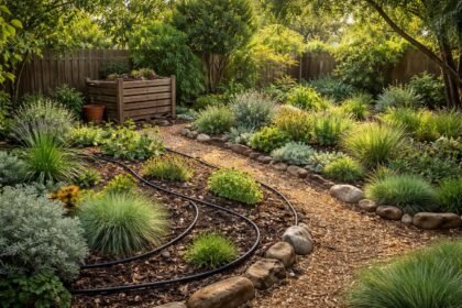 Grüner Garten im Sommer mit Trockenheitsresistenz, Mulch, Steinweg und Sukkulenten.
