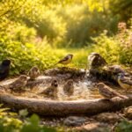 Eine Vogeltränke im Garten, schattenspendende Büsche und wasserreiche Blumen bereitstellen.