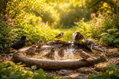 Eine Vogeltränke im Garten, schattenspendende Büsche und wasserreiche Blumen bereitstellen.