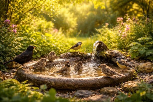 Eine Vogeltränke im Garten, schattenspendende Büsche und wasserreiche Blumen bereitstellen.