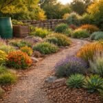 - Trockenheitsresistenter Garten mit Stauden; Mulch; Kieswegen; wassersparenden Pflanzen; sonnigen Bedingungen