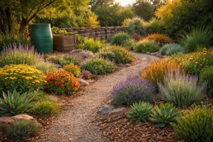 - Trockenheitsresistenter Garten mit Stauden; Mulch; Kieswegen; wassersparenden Pflanzen; sonnigen Bedingungen