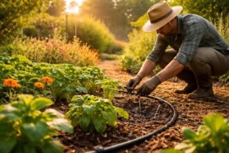 • Gartenbewässerung bei Hitze - effiziente Tropfbewässerung, Mulch, Schatten, Bodenfeuchtigkeit minimieren Verluste