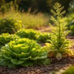 Grüner Salat im Sommer, schießender Stängel, sonniges Beet, stressbedingt durch Hitze